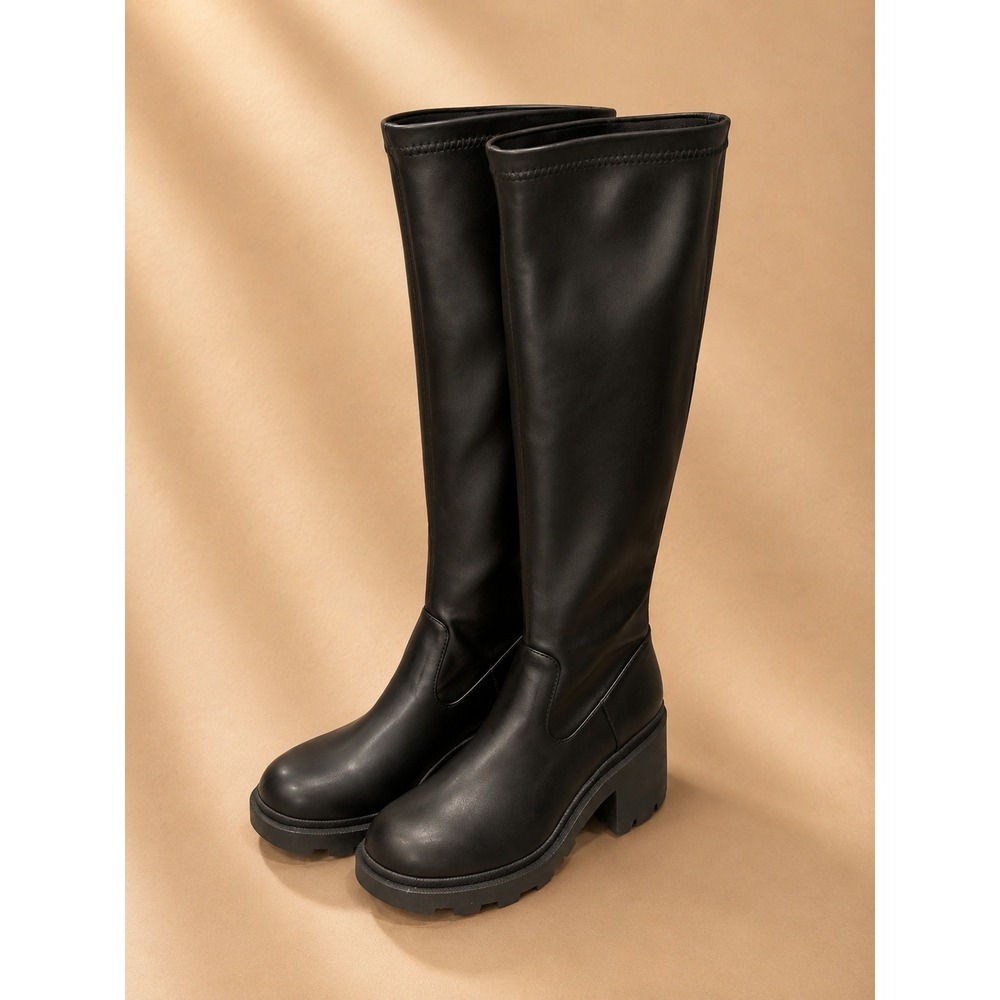 Steve Madden Women Knee High Boots 10 Black Faux Leather Lug Sole Platform Heel
